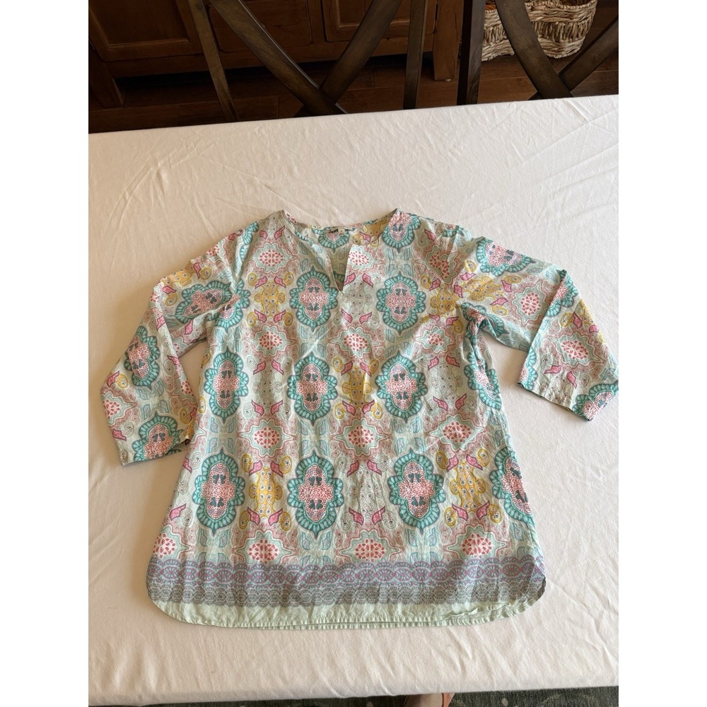Talbots Womens Medium Elbow Sleeve Top Paisley Medallion V-Neck Cotton Blouse